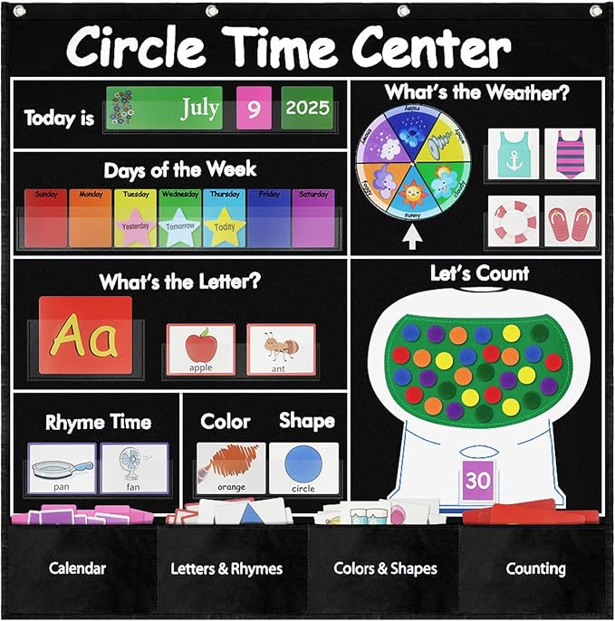 Circle Time Learning Center Classroom Pocket Chart, Educational Teaching Materials with Cards for Preschool, Learning Calendar Weather Letter Rhyme Color Shape Counting Number etc, (Black)