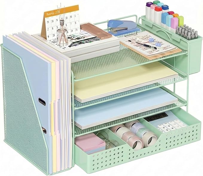 ECOLOVI Desk Organizer, 4-Tier Paper Organizer Letter Tray with File Holder, Drawer and 2 Pen Holders, Desktop File Organizer for Office Supplies, Workspace Storage, Green