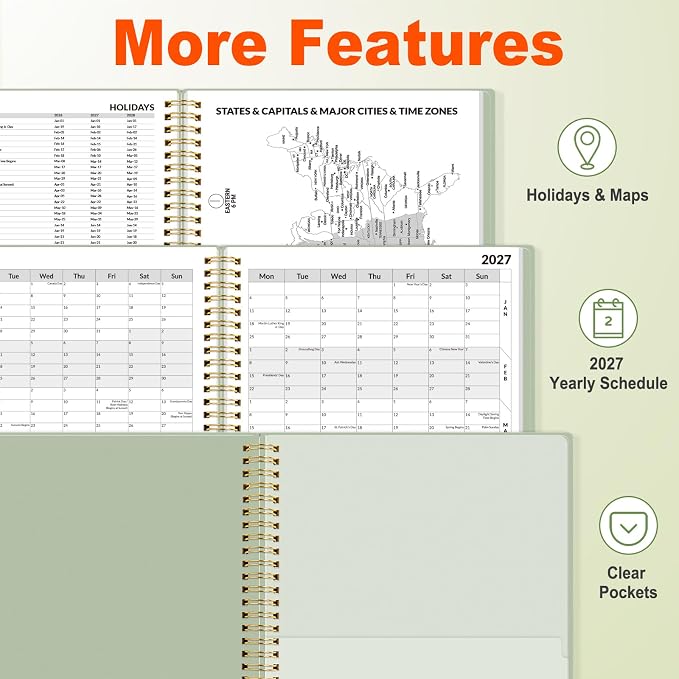 SUNEE 2026-2027 Appointment Book, Quarter-Hourly, Weekly & Monthly - from July 2026 to June 2027, 8.5"x11" Academic Planner, Flexible Cover, Note Pages, Bookmark, Spiral Binding, Sage Green