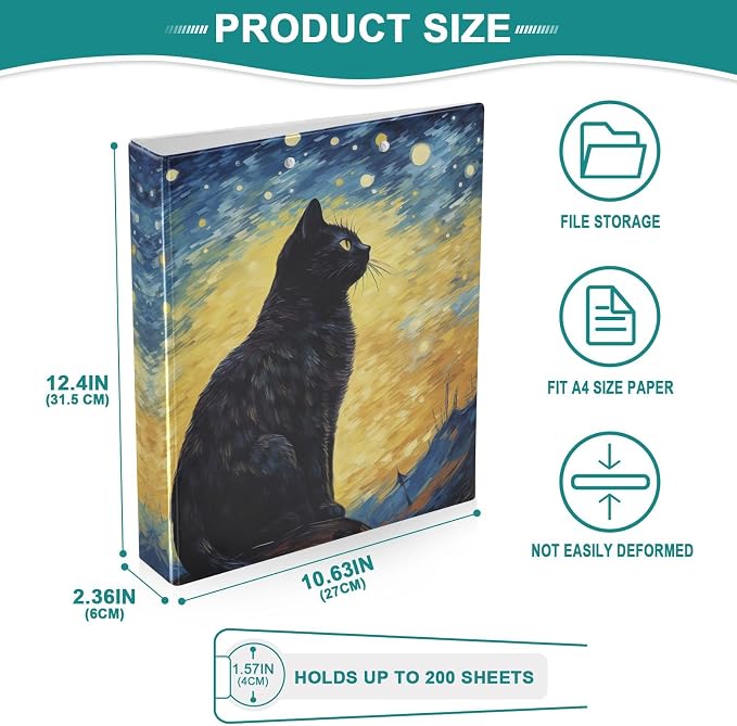 SPRIPORT Black Cat Starry Sky Blue 1.5 Inch 3 Ring Binder Holds 200 Sheets for Office Supplies Durable PVC Round Ring Binder with Interior Clear Pockets 3 Ring Notebook Binder for Man Woman Home Work