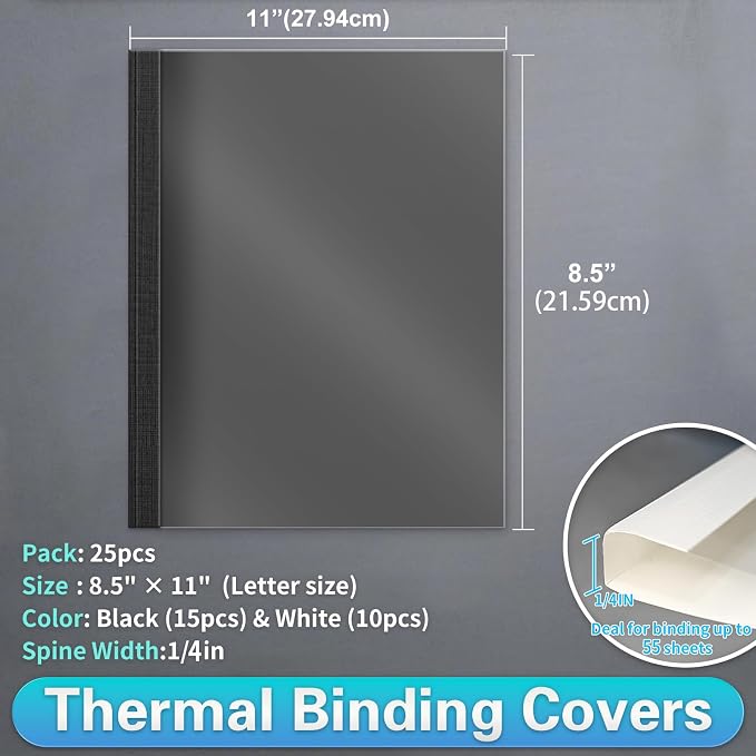 RAYSON Thermal Binding Covers, Letter Size, 1/4in, Black (15) & White (10) Binding Presentation Cover, Pack of 25