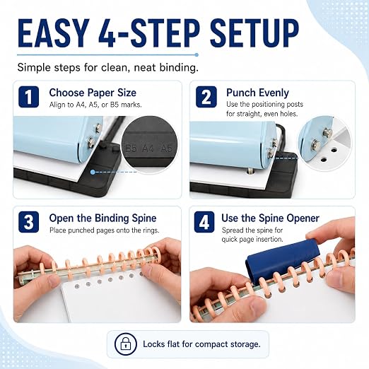 10 Hole Punch Binding Machine Kit for Planner (Blue) with 10 Multi-Color Spiral Coils, Adjustable A4 A5 B5 Paper Puncher, DIY Notebook Scrapbook Maker for Home Office School Organization