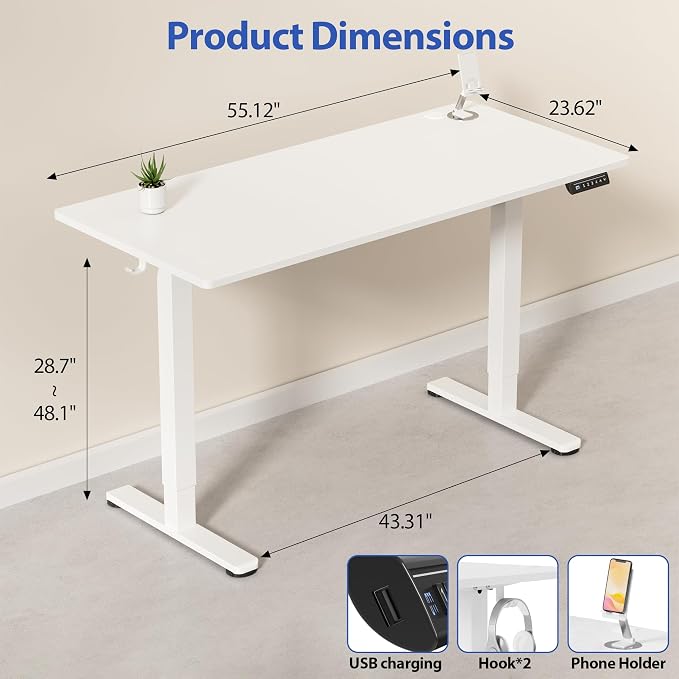 YESHOMY Height Adjustable Electric Standing Desk, 55 x 24 Inches Memory Home Office Sit Stand up Desk with Phone Holder and USB Charging Port, White
