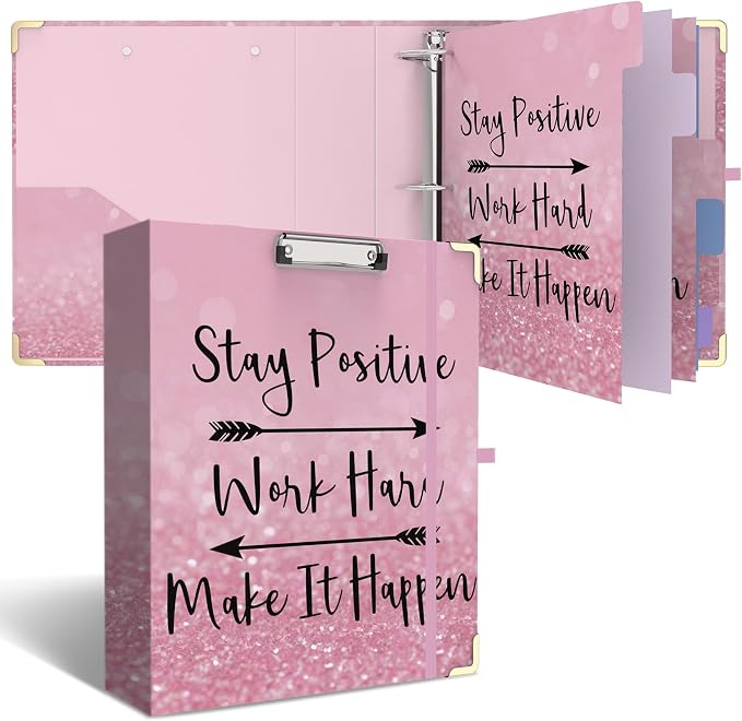 3 Ring Binder 2 Inch Round Ring Binder with 6 Tab Dividers，Cute Clipboard with Storage(Stay Positive)