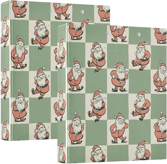 Green Checkered Funny Santa Claus Binder 3 Ring 1.5 Inch Binder with Clipboard&Pockets, Hardcover Binders Heavy Duty Large File Folder for Office School Supplies - Holds 200 Sheets, 2 PC