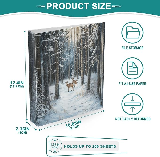 Deer in Snowy Winter Forest Animal Tree 3 Ring Binder 1.5" Decorative D-Ring Binder with Clipboard&3 Clear Pockets, Holds 200 Sheets A4 Size Paper Waterproof Binders for School Home Office|2 Pack