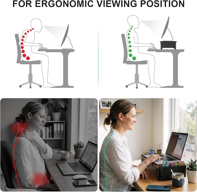 WALI Plastic Computer Monitor Stand with Storage, Desk Organizer with Drawer and Pen Holder, Desk Monitor Riser 3 Height Adjustable, Laptop Riser for Computer, Laptop, Printer(PTT003-C), 1 Pack, Brown