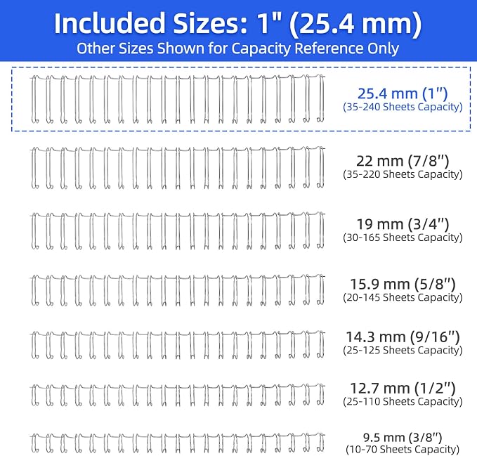 Rayson Double Loop Binding Wire Spines, 1" 2:1 Pitch, 21-Loop Silver, 50 Pack | Binds up to 240 sheets; 1" silver binding wire fits 2:1 pitch machines for Letter-size documents.