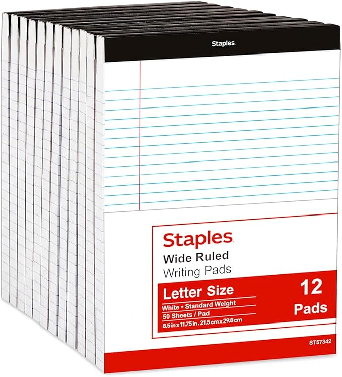STAPLES Legal Pads, 8.5” x 11”, Wide Ruled, Perforated, 50 Sheets/Pad, 12‑Pack