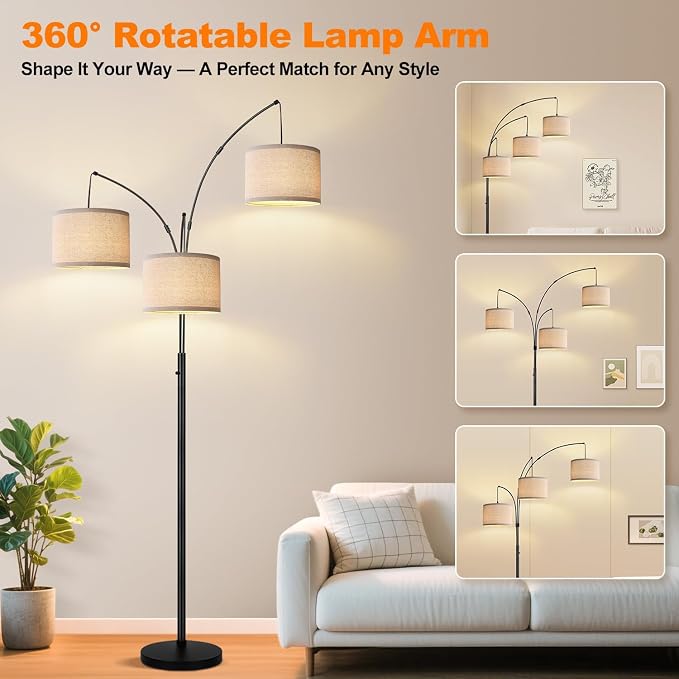 Dimmable 3 Lights Floor Lamp - 3000LM Super Bright Arc Floor Lamps for Living Room, Modern Tall Standing Lamp With Beige Shades, Mid Century Tree Floor Lamp for Bedroom Office, 3 LED Bulbs Included