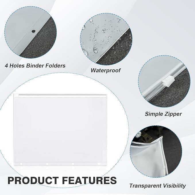 60 Pieces A4 Binder Zipper Pouches, Clear 4 Holes Document Holders | Zip Envelopes Waterproof PVC Folders Binder Pouch Filing Bags for School Office Travel Storage Document Letter Supplies