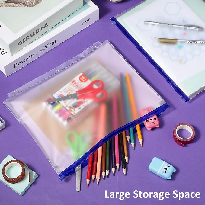 Zonon 30 Pcs A4 3 Rings Blue Zipper Binder Pouches Clear Binder Pockets with Zipper Folders Waterproof PVC Loose Leaf Bags Filling Bags for Pen Pencil Notebooks File Document