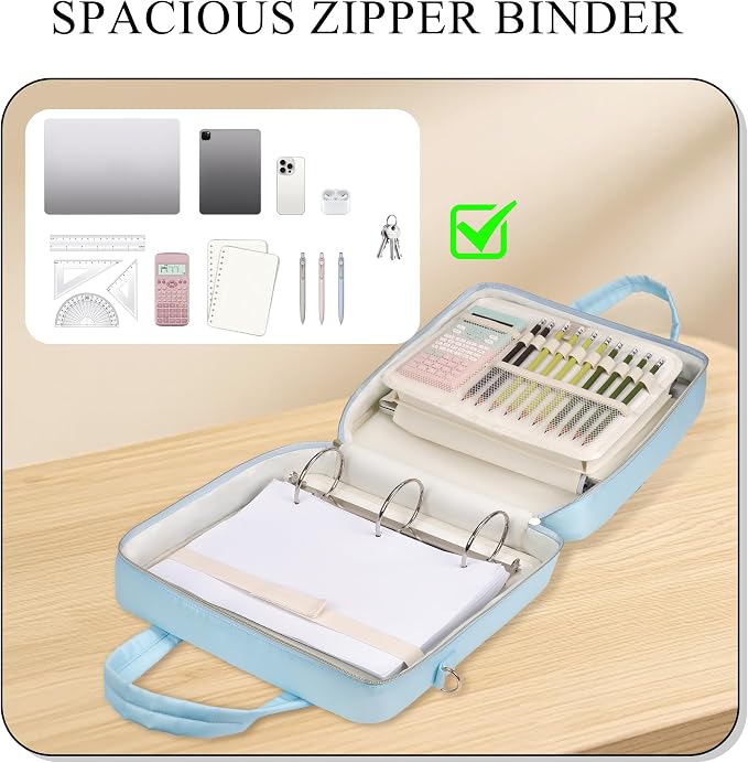 Zipper Binder | 3 Inch O-Ring, 600 Sheet Capacity Trapper Keeper with Shoulder Strap & Handle, Binder Bag with Multiple Storage Pockets, Fits 13" Laptop (Blue)