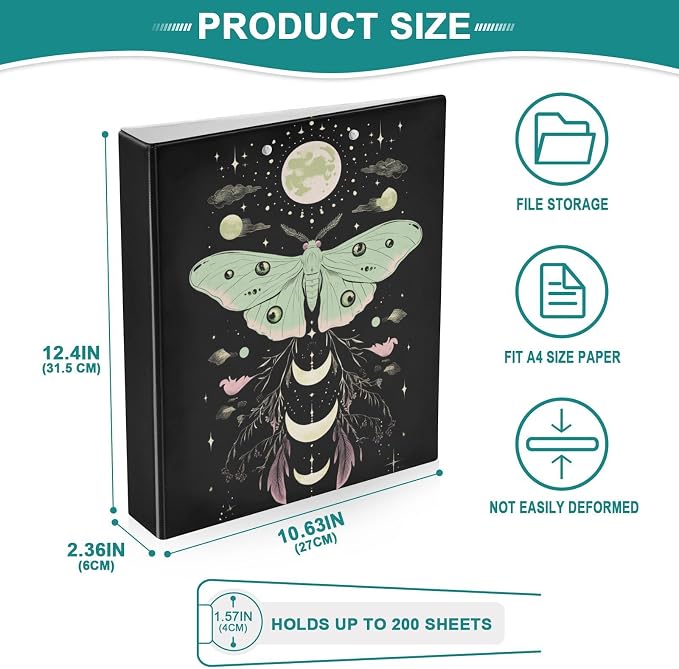 Green Pink Floral Luna Moth Binder 1.5 Inch Binder with Clipboard&Pockets, Gothic Moths Hardcover Binders 3 Ring, Heavy Duty Large File Folder for Office School Supplies-Holds 200 Sheets, 2 PC