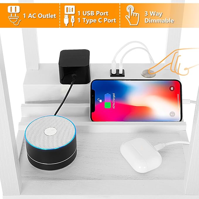 Touch Control Shelf Floor Lamp, Modern Dimmable LED Standing Lamps with Shelves, Charging USB Ports, Type C Port and Power Outlet, Wood Tall Light for Living Room, Bedroom, Bedside，White | 3-Tier Modern Square Bookshelf Lamp, Corner Standing Light with...