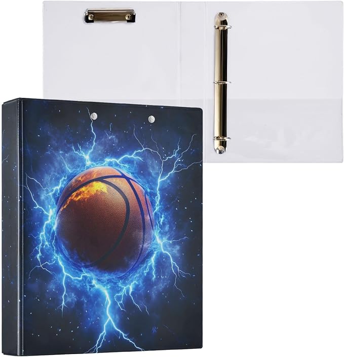 3 Ring Binders Lightning Basketball 1.5 Inch Round Ring Binders with Pockets Decorative Clipboard Binder Holds 200 Sheets View Binder for Home School Office,2 Pack