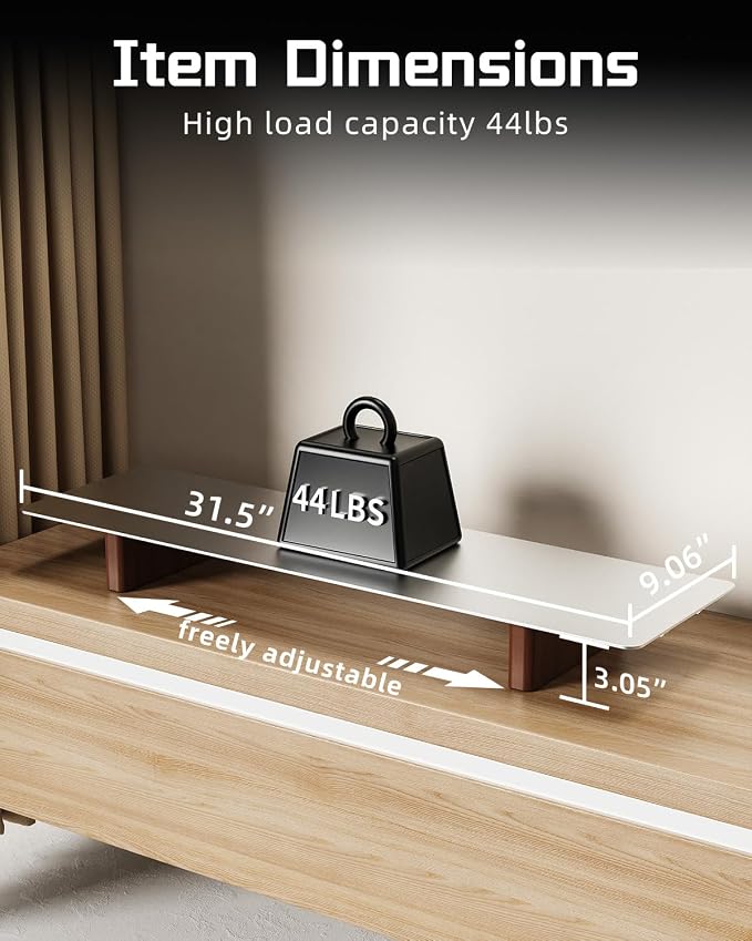 Aluminum Monitor Stand Riser, Ergonomic Desktop Shelf with Wooden Legs - 31.5” Wide Heavy Duty Computer Stand for Home Office, Universal Desktop Monitor Riser for PC, iMac, MacBook, Laptop