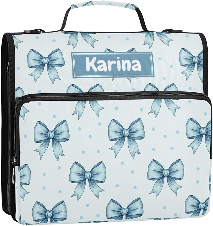 Custom Bow Light Blue Print 3 Ring Zipper Binder with Shoulder Strap & Handle 1.5 Inch D-Ring Zippered Bag with Multiple Pocket, Personalized Binder Organizer for School or Office