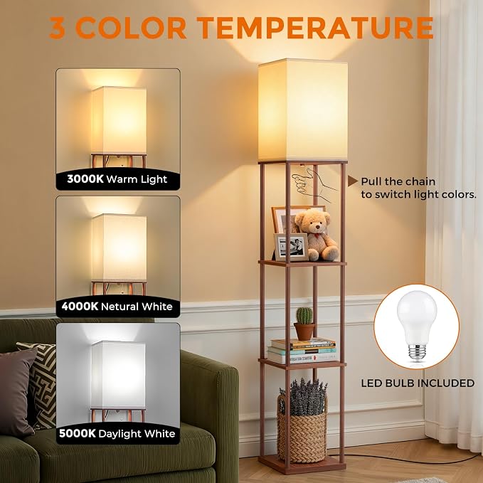 Floor Lamp with Shelves, 3-Tier Modern Square Bookshelf Standing Lamp Brown | 3 Color Temperature Bulb Included, Pull Chain Tall Lamp for Living Room Bedroom Corner Office Apartment Decor