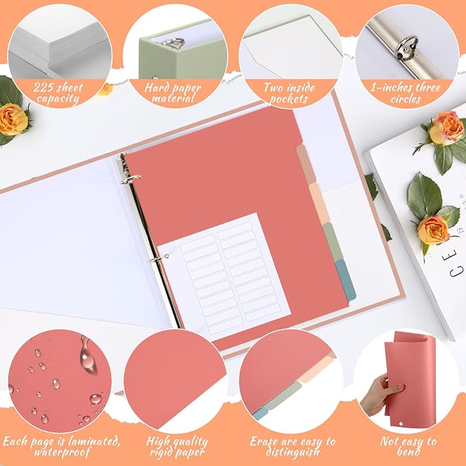 Ctosree 5 Sets 1 Inch Heavy Duty 3 Ring Binder with 2 Pockets with 5 Tab Dividers 8.5 x 11 Inch Plastic Film and File Folder Labels for Letter Size Paper Office Home Supplies(Retro Color)