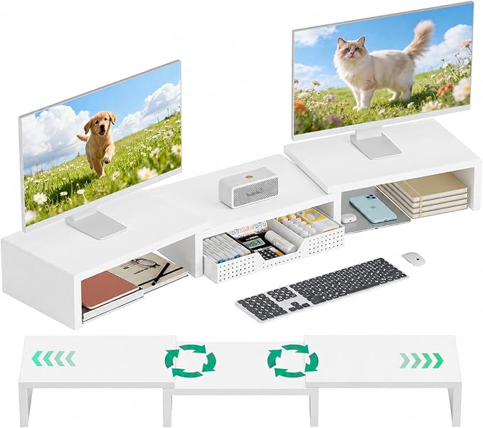Dual Computer Monitor Stand Riser, Desk Organizer with Drawer, Office Desk Accessories & Workspace Organizers for Home Office Supplies, White
