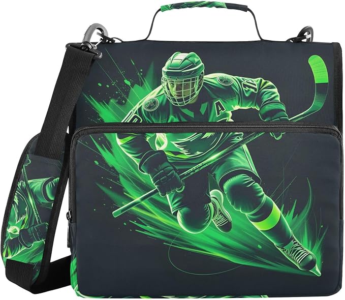 3 D-Ring Zipper Binder Bag, Green Hockey Player Sport Removable Binder with Zipper Case Hold 300+ Sheets& 13 Inch Laptop for School Office Supplies Organizer
