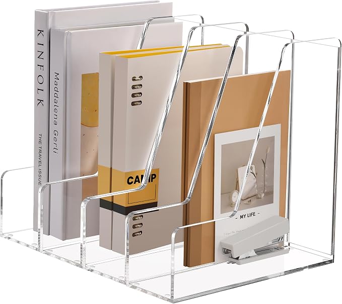 SANRUI 4 Pack Clear Acrylic Vertical File Organizer, Desk Organizer and Storage Bins Holding for Magazines, Binders, Notebooks, Envelopes, Multi-purpose Document Organizer for Home Office