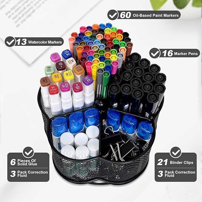 Pen Holder for Desk,360 Degree Rotating Pencil Holder Organizer | 5 Compartments,Large Capacity Pencil Holder for Desk,Metal Rust Prevention,Workspace Pen Organizers for Home(Black, No hook)