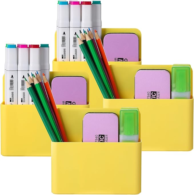 Magnetic Dry Erase Marker Holder, Magnetic Pen Holder Whiteboard Pen Holder Dry Erase Marker and Eraser Organizer,Powerful Neodymium Magnets 4pcs (Yellow)