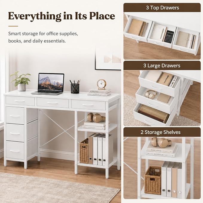 Simple Deluxe Computer Desk with 6 Drawers, 47 Inch Office Workstation with Storage Shelves, Reversible Corner Gaming Table, Home Office Study Desk with Fabric Organizer, White