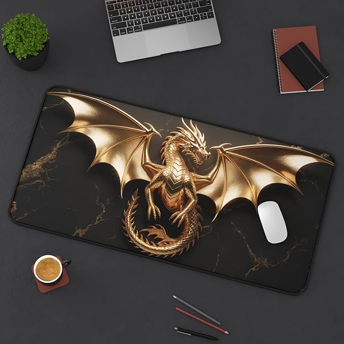 Golden Dragon Black Marble Desk Mat | Luxury Gaming Mouse Pad, Large Non-Slip Office Blotter