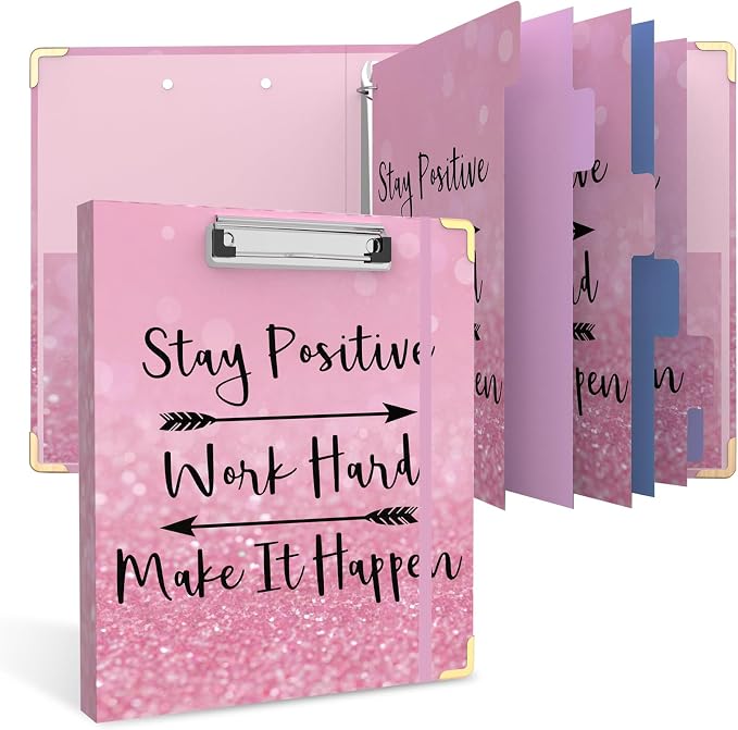 3 Ring Binder 1 Inch Round Ring Binder with 6 Tab Dividers，2 Interior Pockets，Cute Binder Clipboard with Storage, for School Office, Portfolio(Stay Positive)
