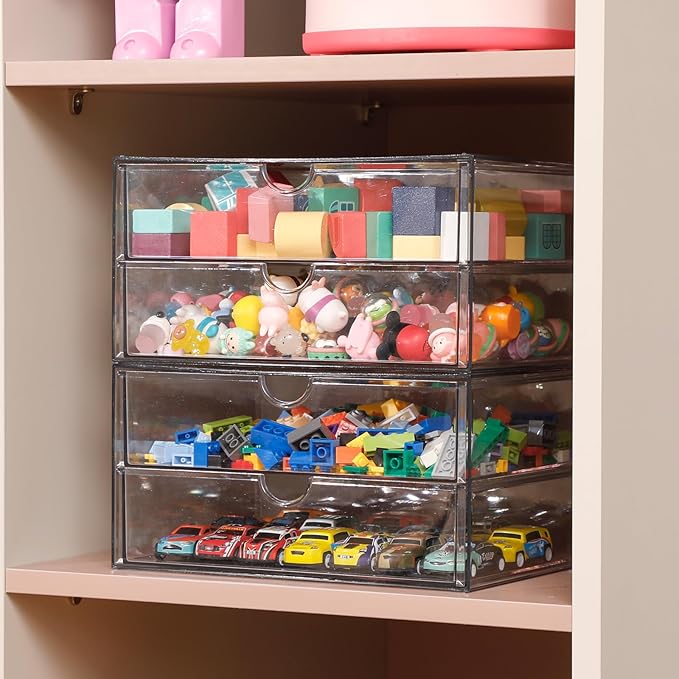 Clear Plastic Drawer Organizer, 4 Drawers | Stackable Desk Organizers and Accessories, For Home Office Supplies, Marker Pen, Notebooks, Art Crafts