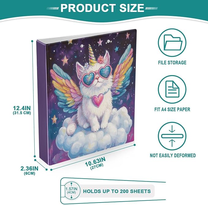 Unicorn Cat with Wings Round Ring Binders 1.5 Inch Galaxy Space Stars 3 Ring Clipboard Binder for Office School Work Supplies File Folder Document 200 Sheet Capacity Easy Open