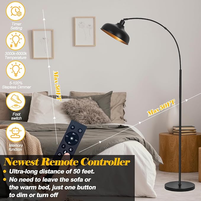 Arch Floor Lamps with Remote, Dimmable Floor Lamp 70” Black Tall Lamp | Arc Lamps Floor Standing with 9W Bulb, 360° Adjustable Hanging Metal Shade, Over Couch Lamps for Living Room, Foot Switch