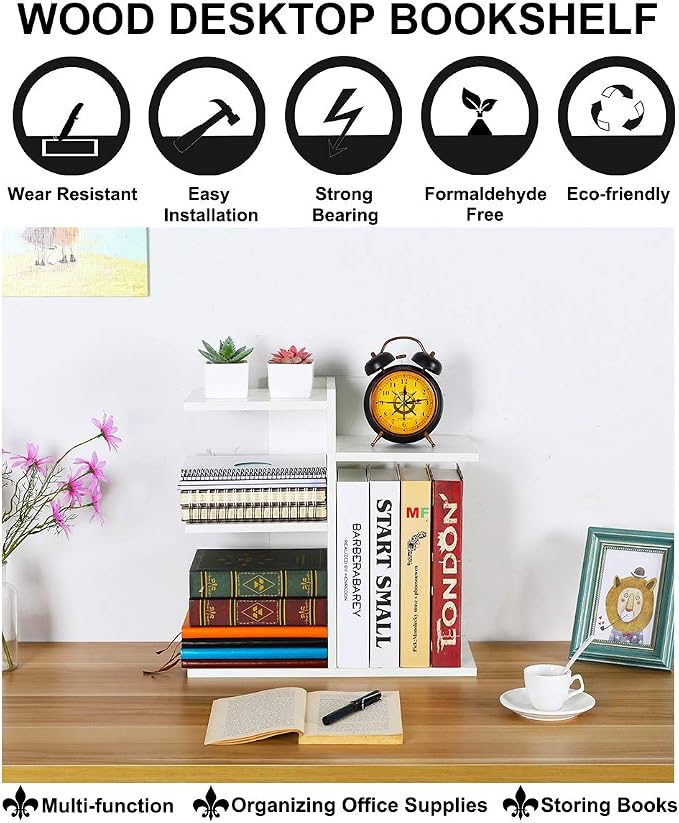 Wood Desktop Shelf Small Bookshelf Desk Supplies Organizers and Accessories Storage Display Rack Office Decor for Women, White