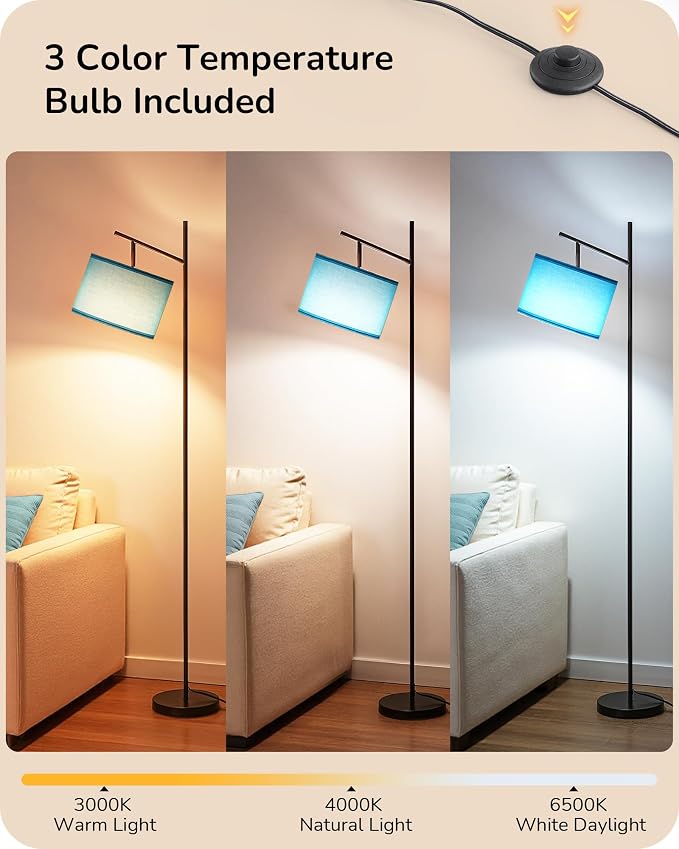 EDISHINE Blue Floor Lamps for Living Room, 64.7" Modern Standing Lamp | 3 Color Temperatures, Bulb Included, Adjustable Linen Shade, Foot Switch, Weighted Base, Tall Light for Office, Bedroom