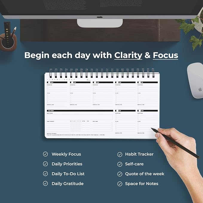 Undated Weekly Planner 2026 | Daily Agenda To Do List Notepad Day Planner Notebook | Monthly School Task, Work Schedule Planners | Yearly Horizontal Calendar Spiral Desk Organizer | Habit Tracker V2