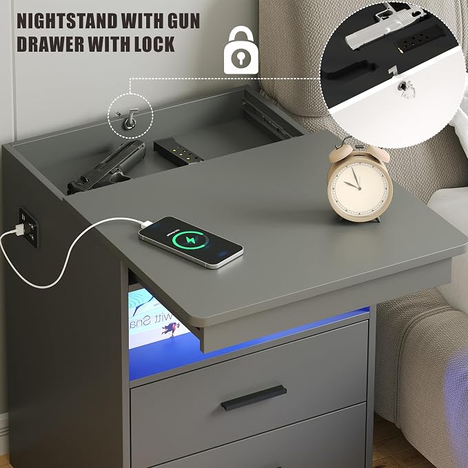 Nightstand with Gun Drawer, Charging Bedside Table with USB & Type-C Port, LED Night Stand with Human Sensor Light, Modern End Table with Drawers for Bedroom Office, Grey