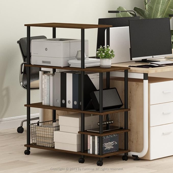 Furinno Turn-N-Tube 4-Tier Wide Toolless Multipurpose Printer Stand Display Storage Shelf with Wheels, Columbia Walnut/Black | Wide Printer Table with with Storage Shelf and Casters, Open Frame Standing Shelf, for CPU, Office Supplies, Home Office