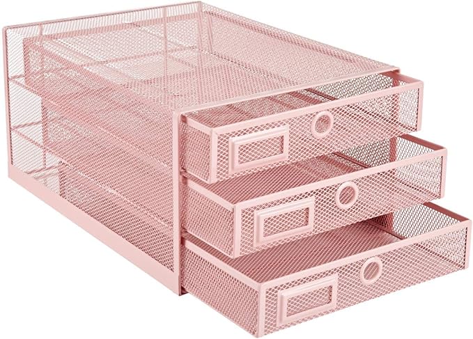 Annova Desk Organizer Wire Mesh 3 Tier Sliding Drawers Paper Sorter/Multifunctional/Premium Solid Construction for Letters, Documents, Mail, Files, Paper, Kids' Art Supplies (Light Pink)