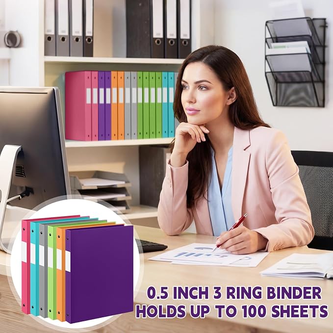 Henoyso 1/2 Inch 3 Ring Colored Binders Soft Flexible, 8.5'' x 11'' Plastic Floppy Binders Bendable with 2 Pockets, Colorful Binder Bulk for School Office Business ，12 Pack (Assorted Stylish Color)