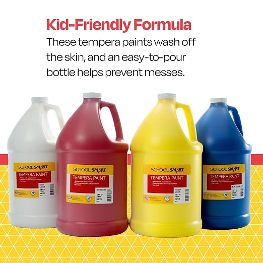School Smart Tempera Paints for School and Arts and Crafts Use, One Gallon Each, Assorted Primary Colors, Set of 4