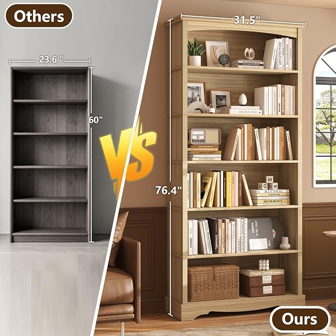 TVU 6-Tier Wooden Bookshelf, 76 Inch Tall Bookshelf with Storage, Floor Standing Modern Style Display Bookcase for Living Room, Office, Study Room, Entryway, Natural Wood Color