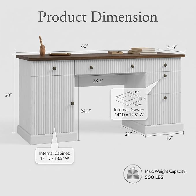 Garvee 60" Office Desk with Charging Station for Home Office, White | Fluted Wood Executive Desk with Filing Cabinet & Storage Cabinet, Modern Computer Desk with Adjustable Shelves