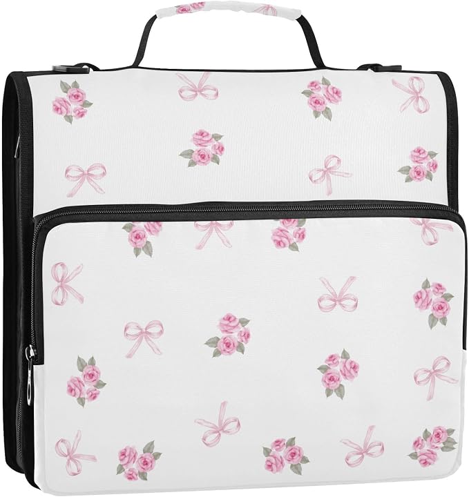 Pink Rose Ribbons Leaves Zipper Binder with Shoulder Strap Trapper Keeper 3 Ring Binder Organizer Large Capacity Multiple Compartments for School Office