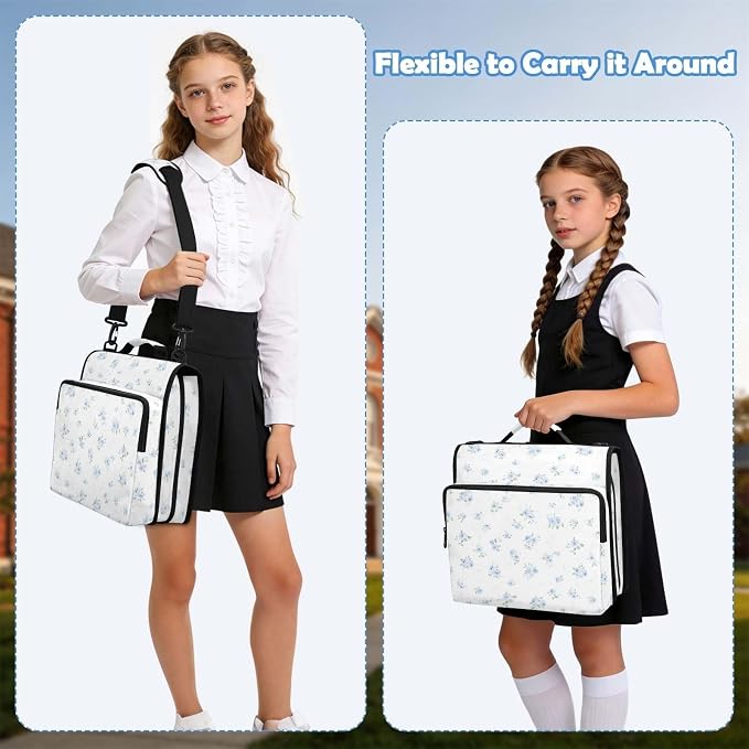 Blue Small Floral Zipper Binder 3 Ring with Handle and Shoulder Strap, 500 Sheet Binder Organizer Capacity & Multi-Pockets for School Office