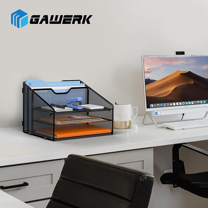 GAWERK Desk File Organizer Paper Letter Tray File Holder Office Rack, Black | Paper Tray Organizer, File Organizer for Desk, Metal Mesh Office Organization with 3 Paper Trays and 2 Vertical Section