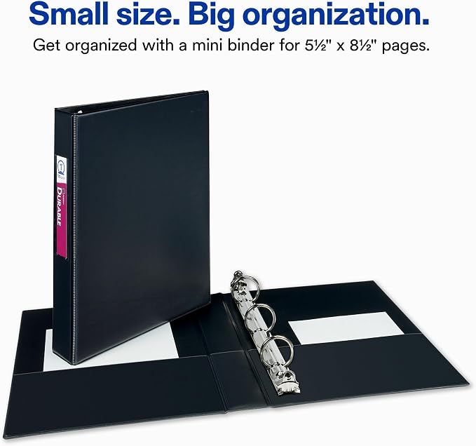 Avery Mini 3 Ring Binder, Holds 5.5" x 8.5" Paper, 1" Round Rings, 175-Sheet Capacity, 1.4" Wide Spine, Label Holder, 1 Black Binder, Great for Home, Office, School Supplies & More (27257) (Pack of 6)