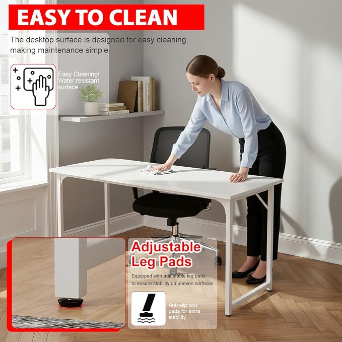 PayLessHere | 55 Inch Computer Desk | White | Office Desk with Metal Frame, Adjustable Feet | Water-Resistant, Scratchproof Surface | Sturdy Writing Table for Home Office or Study | Pack of 1